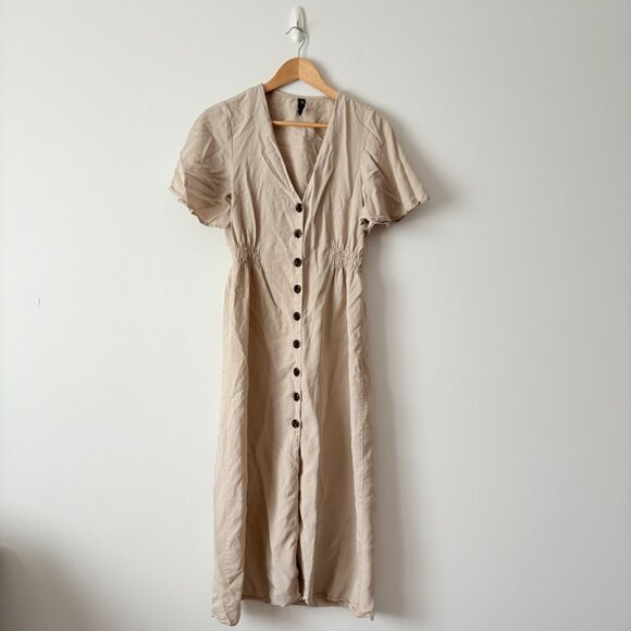 Zara Button Down Lyocell Short Sleeve Midi Dress Cream Nude Size Small - Picture 3 of 7